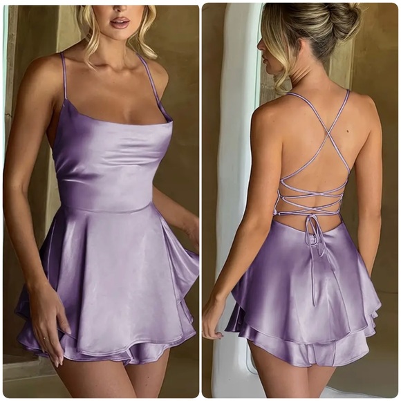 Pretty Woman Boutique Dresses & Skirts - Lavender Satin Cowl Neck Backless Mini Dress - NWOT